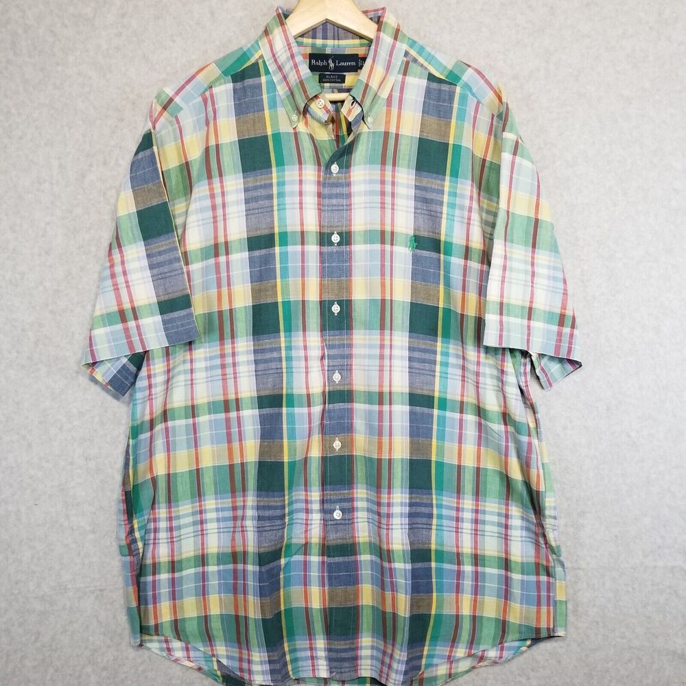 Polo Ralph Lauren Button Shirt Men’s L Green Yellow Red Plaid Blake Madras